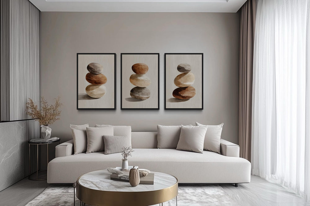 Set Of 3 Minimalist Calming Neutral Stacked Stones Wall Art