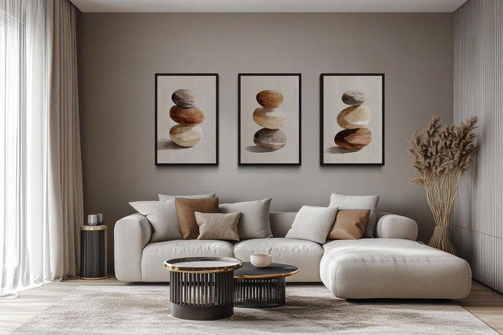 Set Of 3 Minimalist Calming Neutral Stacked Stones Wall Art