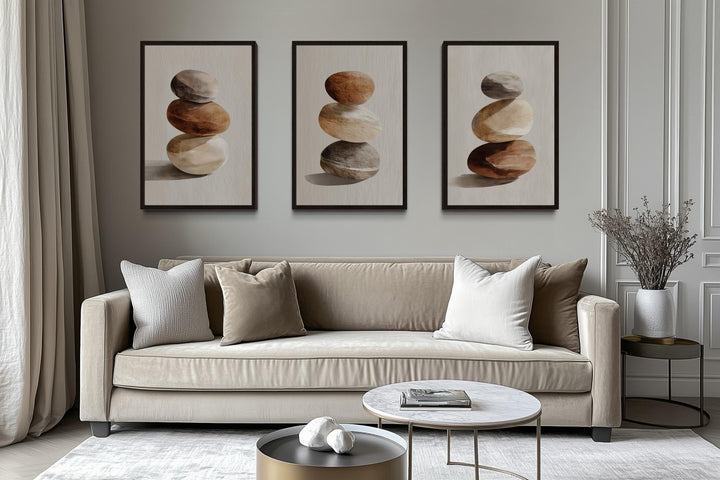 Set Of 3 Minimalist Calming Neutral Stacked Stones Wall Art
