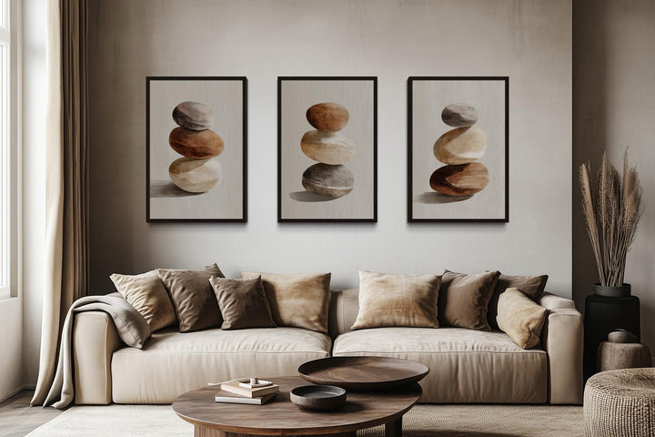 Set Of 3 Minimalist Calming Neutral Stacked Stones Wall Art