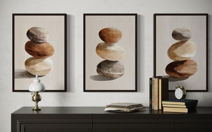 Set Of 3 Minimalist Calming Neutral Stacked Stones Wall Art