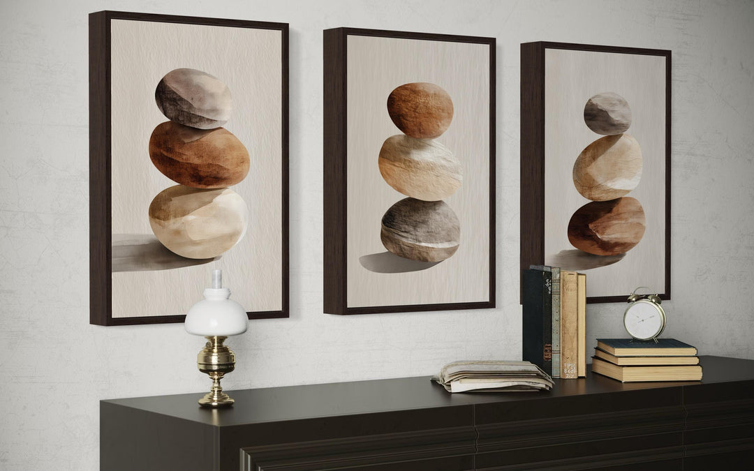 Set Of 3 Minimalist Calming Neutral Stacked Stones Wall Art