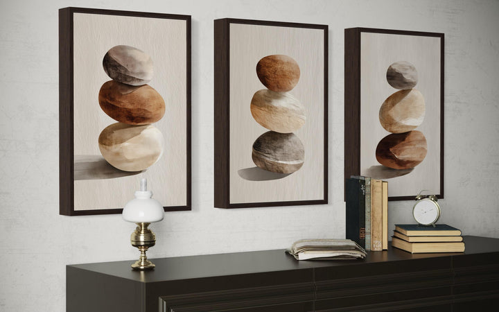 Set Of 3 Minimalist Calming Neutral Stacked Stones Wall Art