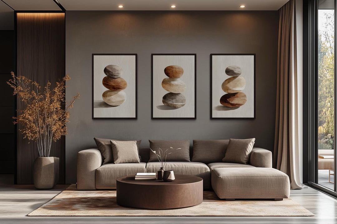 Set Of 3 Minimalist Calming Neutral Stacked Stones Wall Art