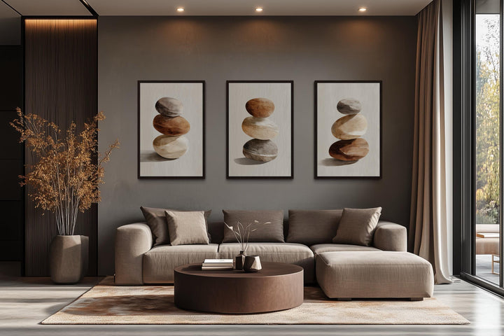 Set Of 3 Minimalist Calming Neutral Stacked Stones Wall Art