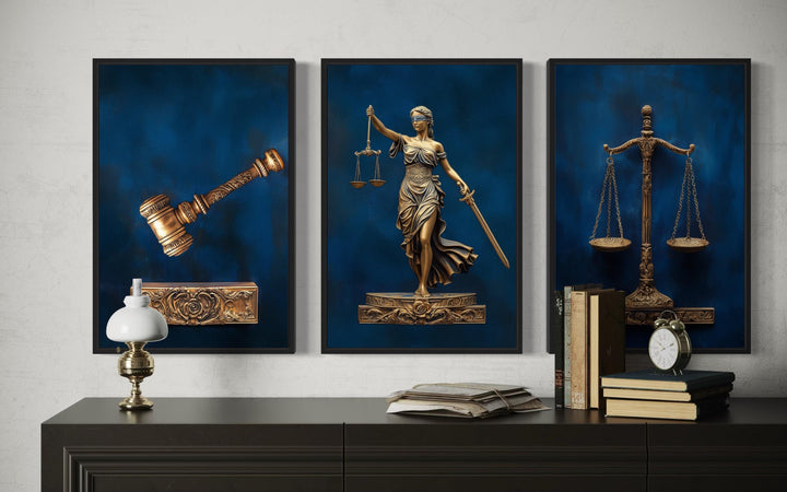 Set Of 3 Navy Blue Bronze Lawyer Wall Art - Scales Of Justice, Lady Justice And Judge Gavel Set Of 3 Legal Paintings Canvas Prints