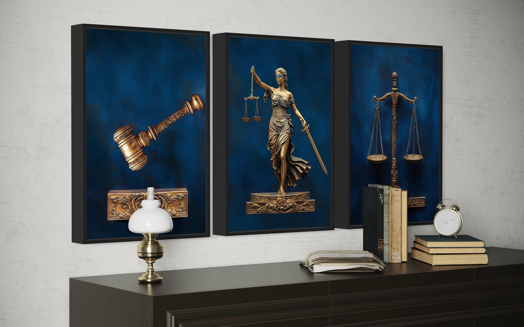 Set Of 3 Navy Blue Bronze Lawyer Wall Art - Scales Of Justice, Lady Justice And Judge Gavel Set Of 3 Legal Paintings Canvas Prints