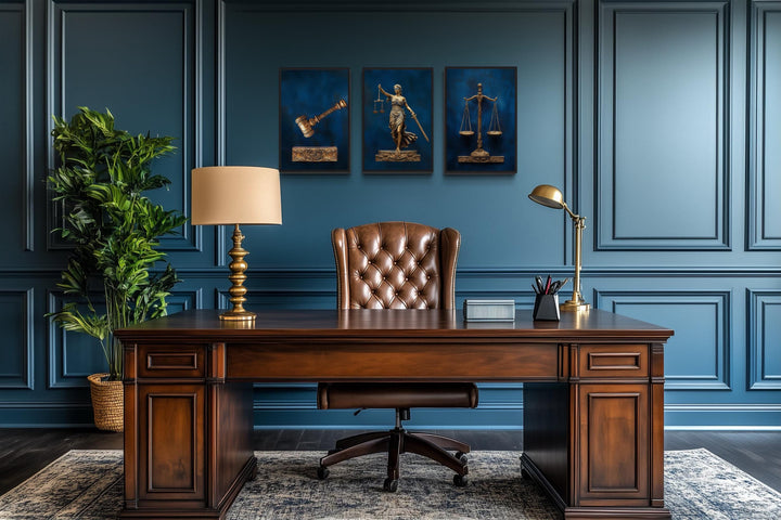 Set Of 3 Navy Blue Bronze Lawyer Wall Art - Scales Of Justice, Lady Justice And Judge Gavel Set Of 3 Legal Paintings Canvas Prints