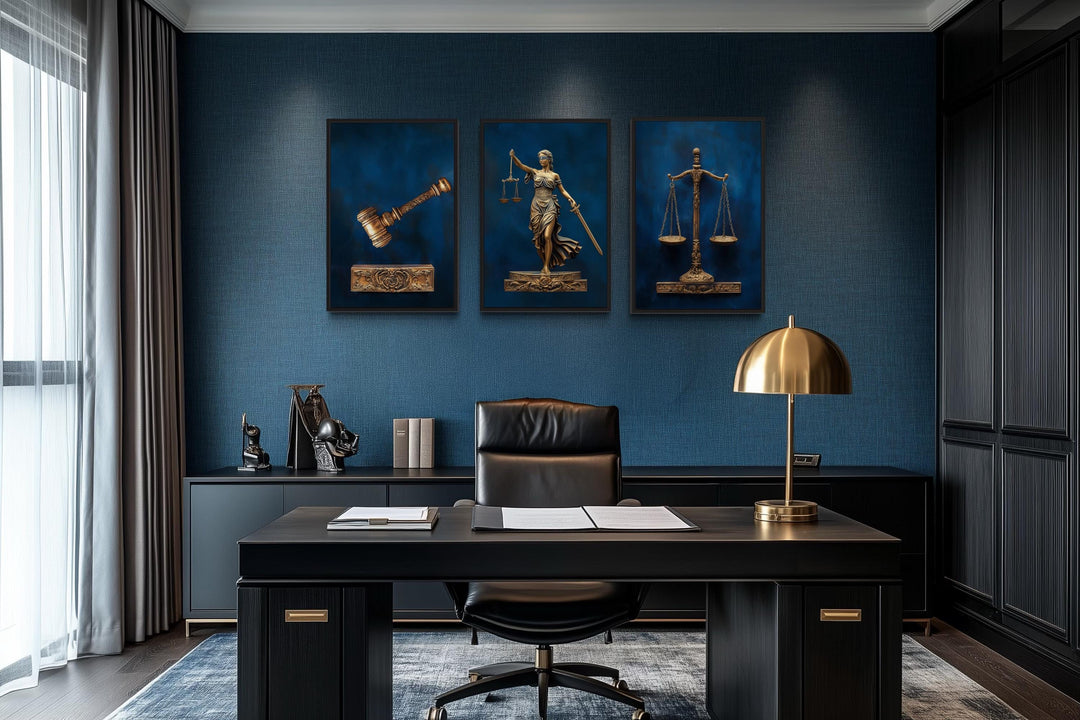 Set Of 3 Navy Blue Bronze Lawyer Wall Art - Scales Of Justice, Lady Justice And Judge Gavel Set Of 3 Legal Paintings Canvas Prints