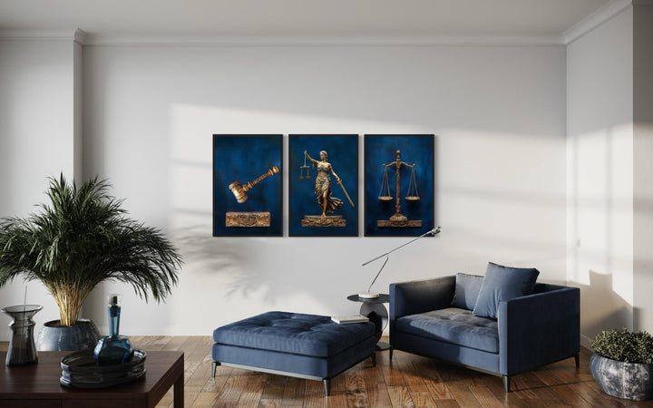 Set Of 3 Navy Blue Bronze Lawyer Wall Art - Scales Of Justice, Lady Justice And Judge Gavel Set Of 3 Legal Paintings Canvas Prints