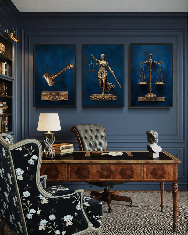 Set Of 3 Navy Blue Bronze Lawyer Wall Art - Scales Of Justice, Lady Justice And Judge Gavel Set Of 3 Legal Paintings Canvas Prints