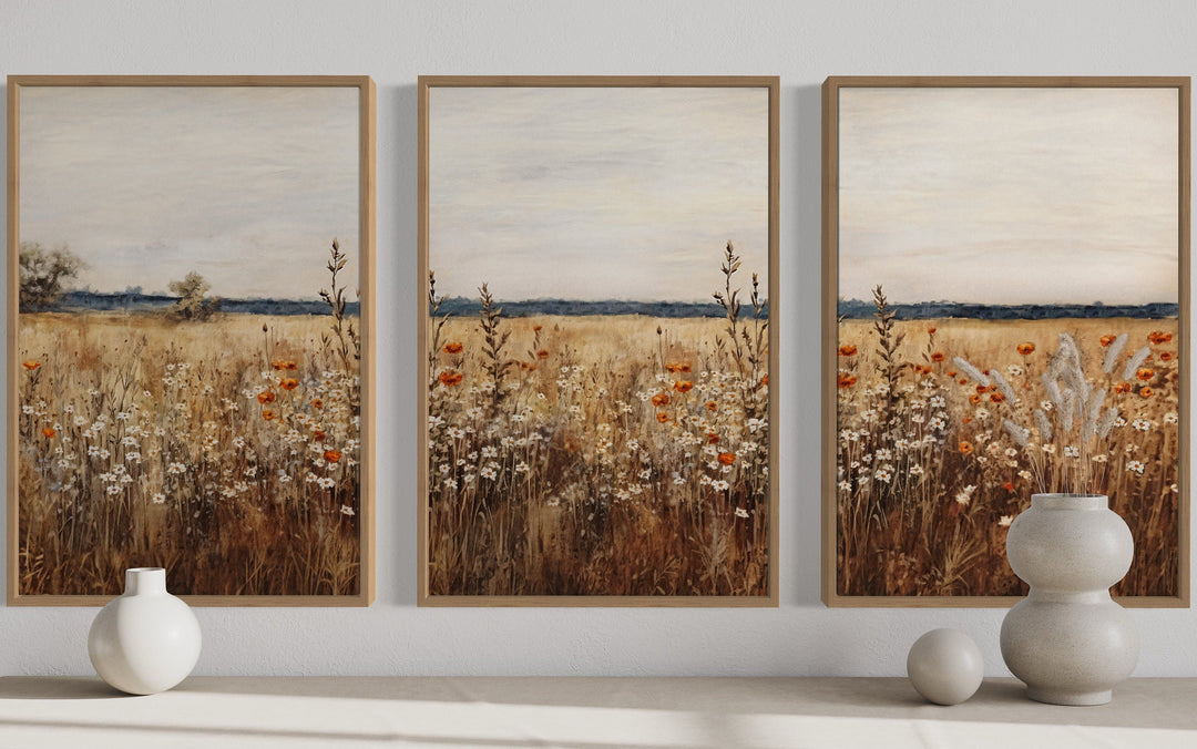 Set Of 3 Rustic Wildflowers Field Farmhouse Framed Wall Art