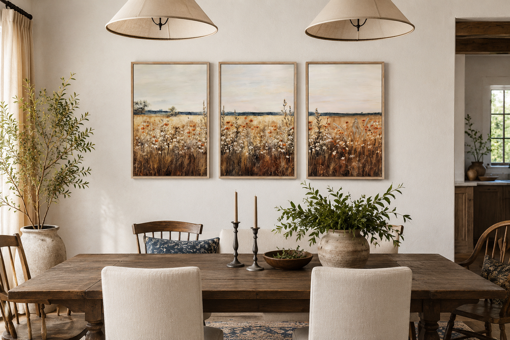 Set of 3 rustic wildflower field framed canvas wall art panels above a farmhouse dining table.