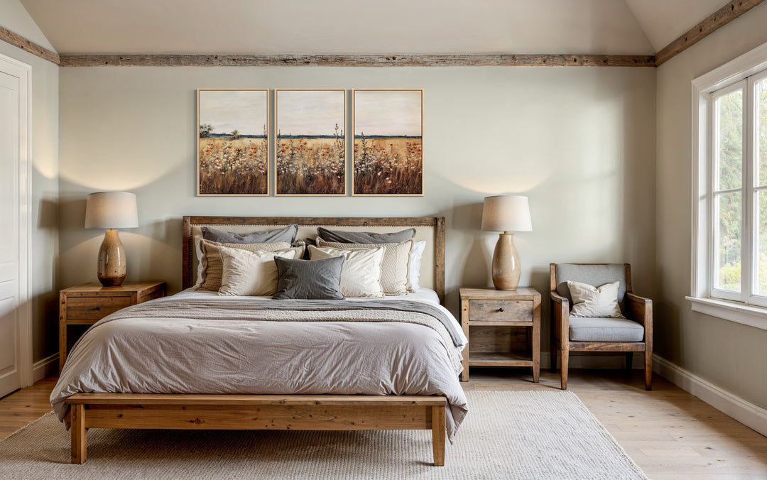 Set of 3 rustic wildflower field framed canvas wall art panels hung above a bed in a farmhouse room.
