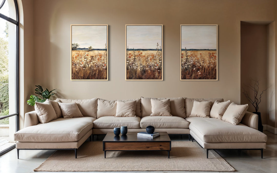 Set Of 3 Rustic Wildflowers Field Framed Canvas Wall Art For Farmhouse Decor