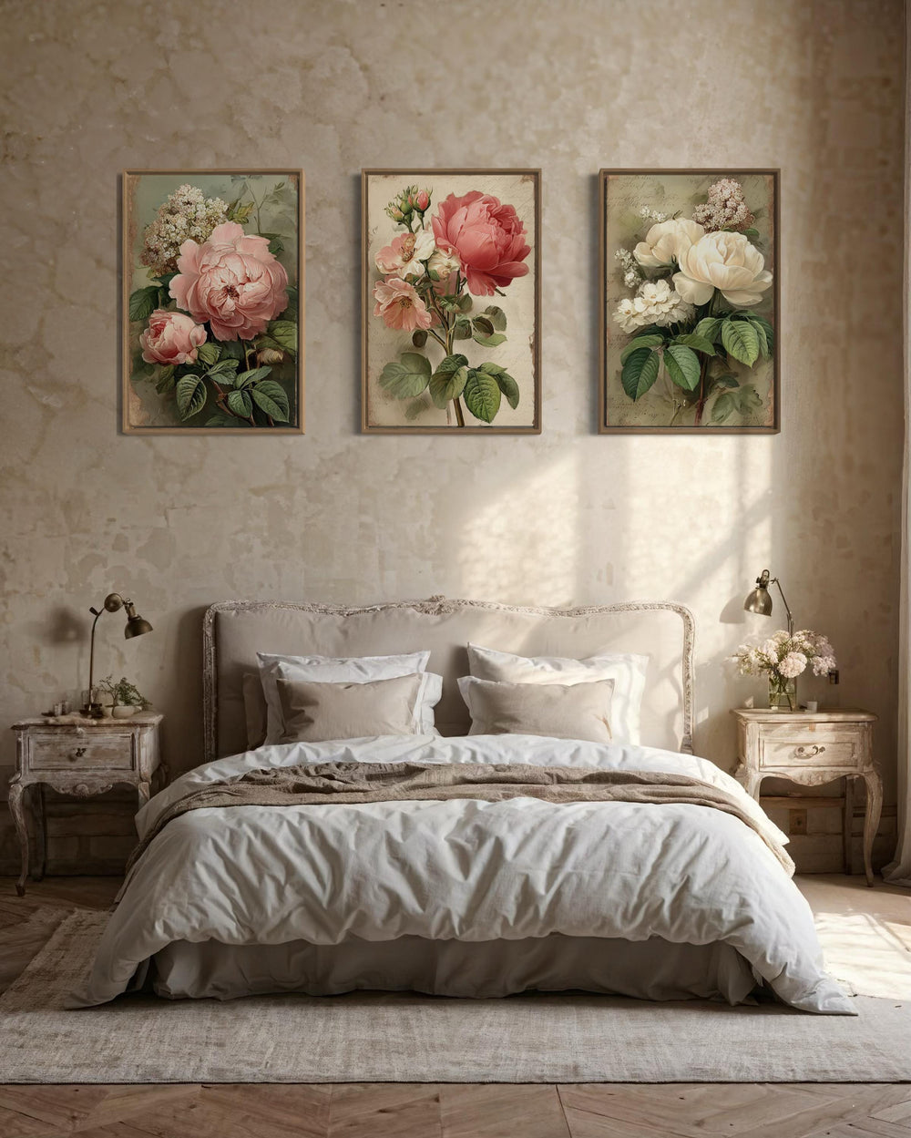 Set Of 3 Shabby Chic Vintage Rose Floral Botanical Wall Art Prints