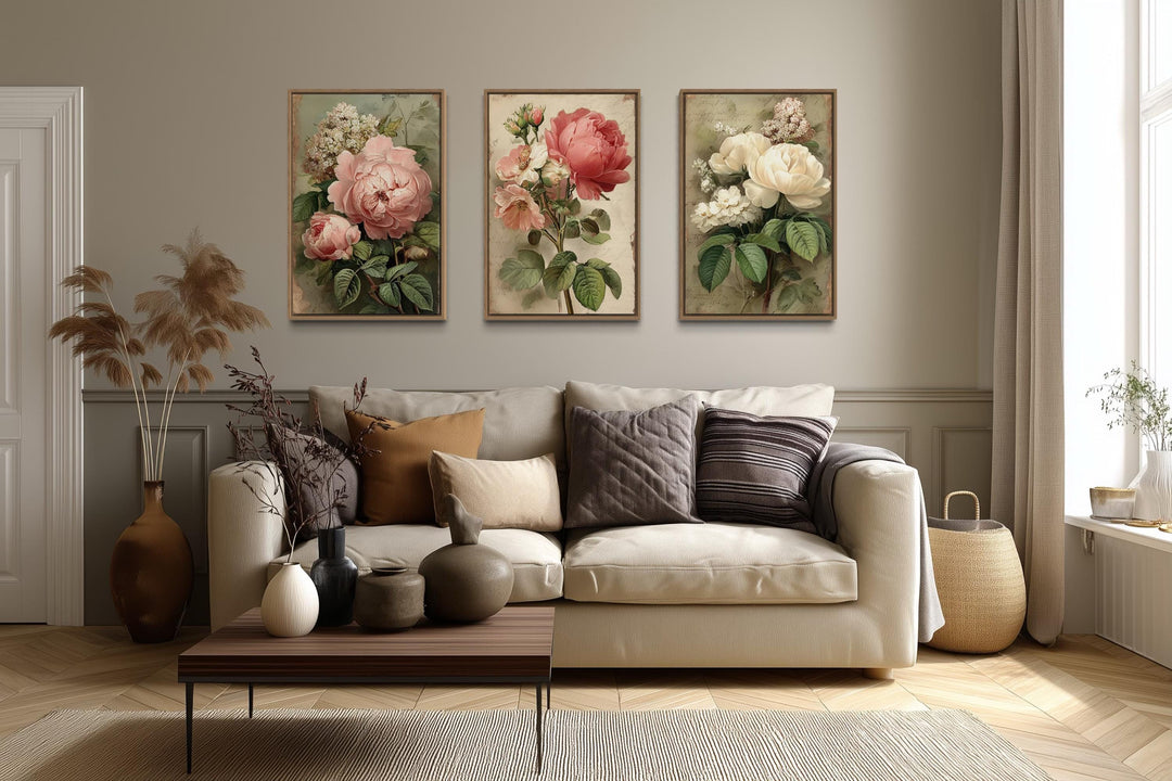 Set Of 3 Shabby Chic Vintage Rose Floral Botanical Wall Art Prints