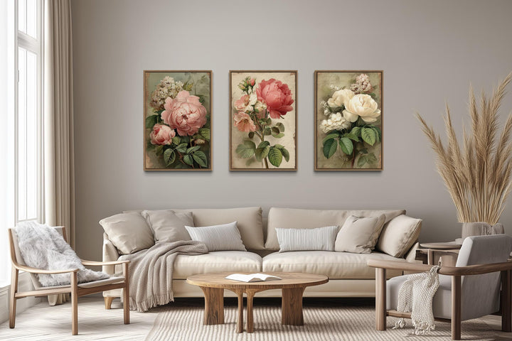 Set Of 3 Shabby Chic Vintage Rose Floral Botanical Wall Art Prints