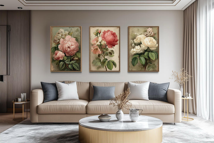 Set Of 3 Shabby Chic Vintage Rose Floral Botanical Wall Art Prints