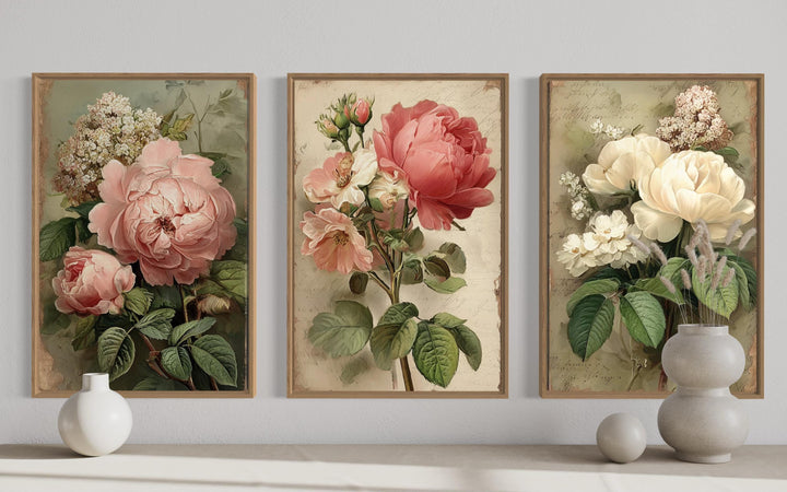 Set Of 3 Shabby Chic Vintage Rose Floral Botanical Wall Art Prints