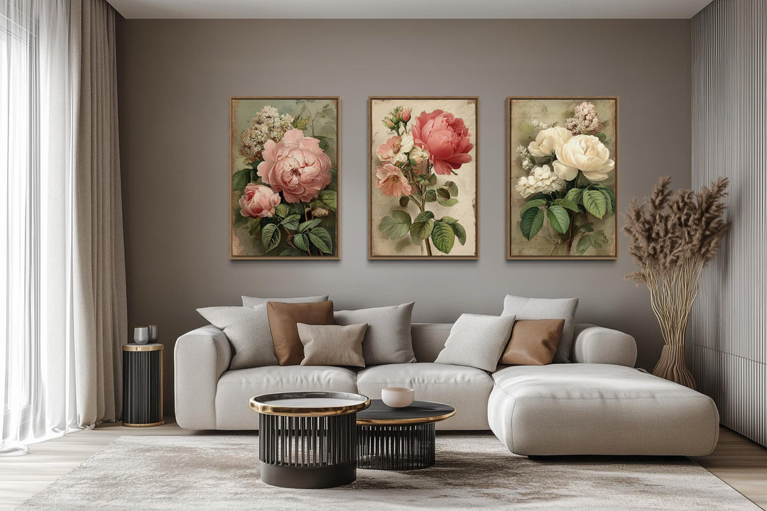 Set Of 3 Shabby Chic Vintage Rose Floral Botanical Wall Art Prints