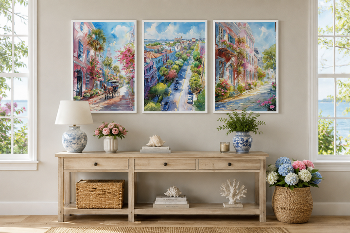Set of three framed watercolor canvas paintings featuring historic Charleston city street scenes.