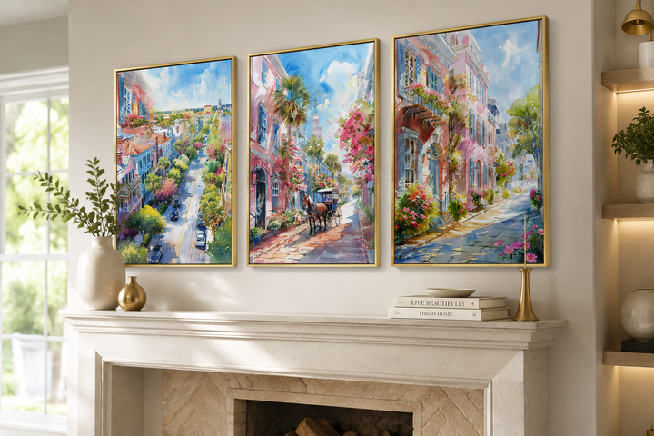 Set of three framed watercolor canvas prints featuring vibrant Charleston city street scenes.