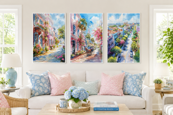 Set of three framed watercolor canvas prints featuring vibrant Charleston city street scenes.