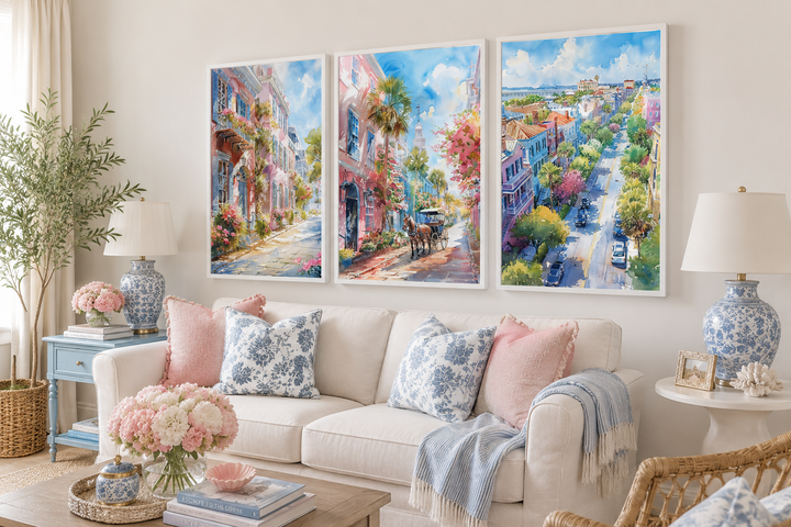 Set of three framed watercolor canvas prints depicting historic Charleston city street scenes.