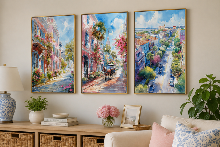 Set of three framed watercolor canvas prints featuring historic Charleston city street scenes.