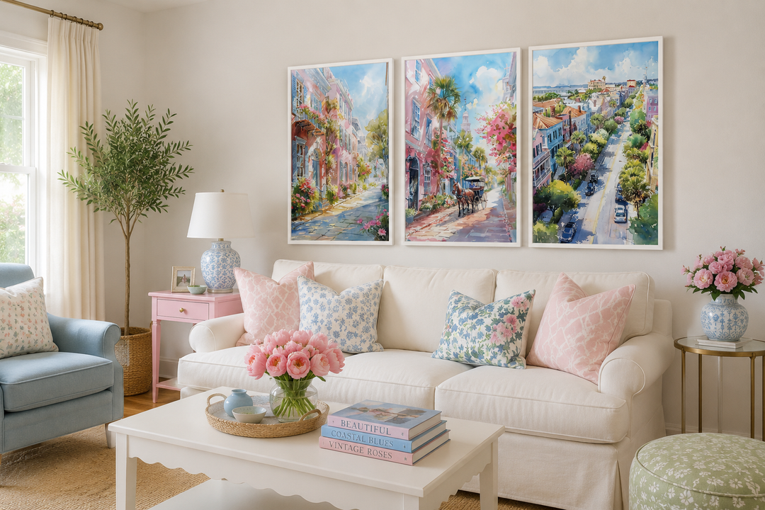 Set of three framed watercolor canvas prints depicting historic Charleston city street scenes.