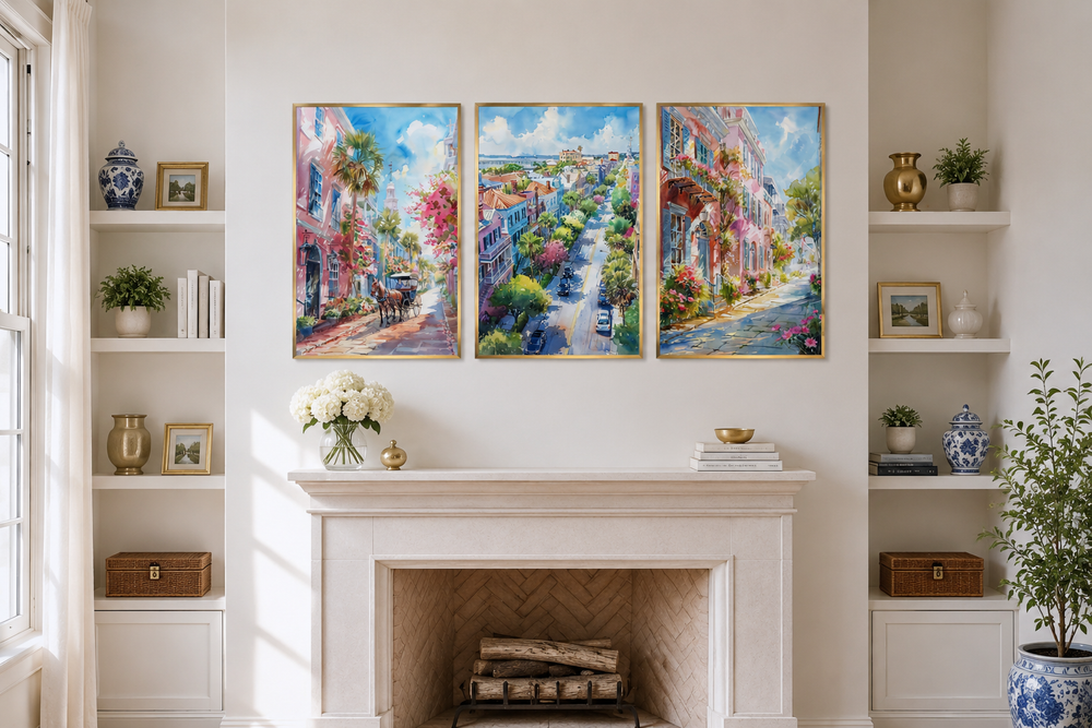 Set of three framed watercolor canvas prints featuring vibrant Charleston city street scenes.