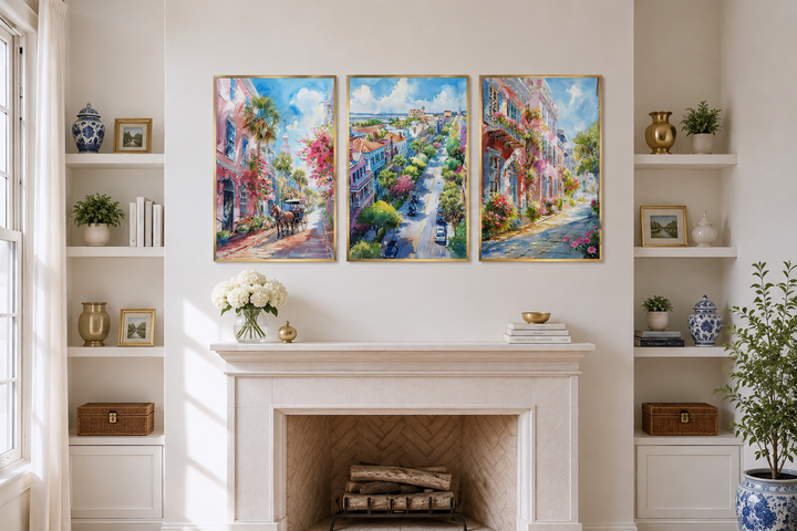 Set of three framed watercolor canvas prints featuring vibrant Charleston city street scenes.