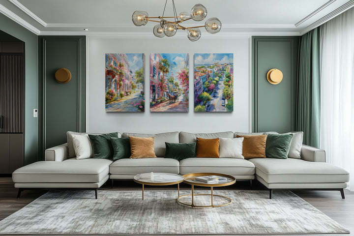 Set of three watercolor framed canvas wall art pieces featuring historic Charleston city streets.