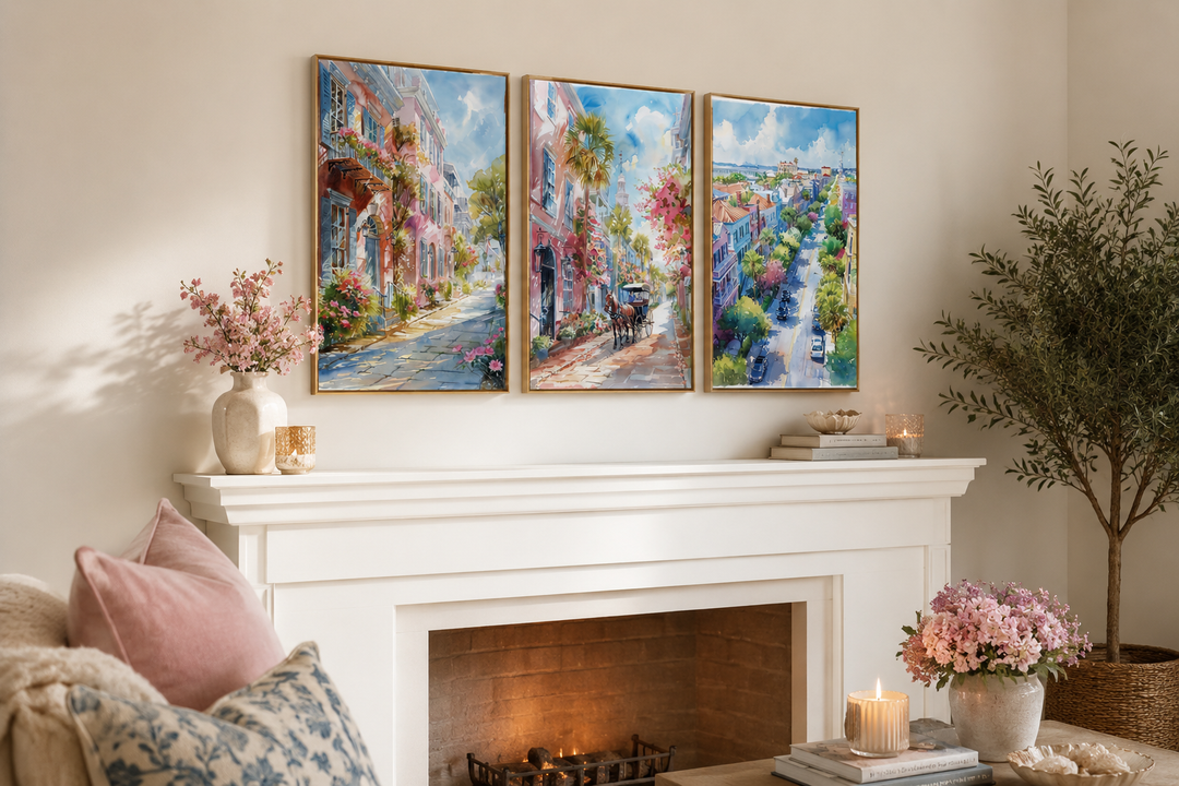 Set of three framed watercolor canvas prints featuring historic Charleston city street scenes.
