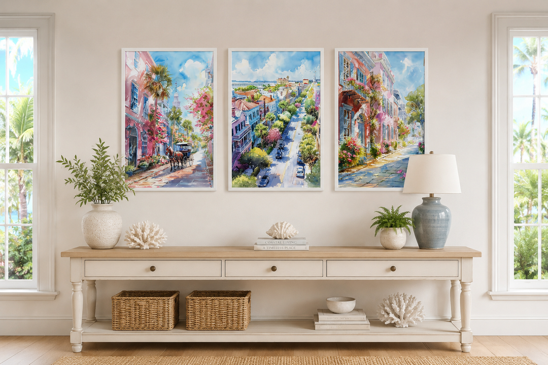 Set of three framed watercolor canvas prints featuring vibrant Charleston city street scenes.