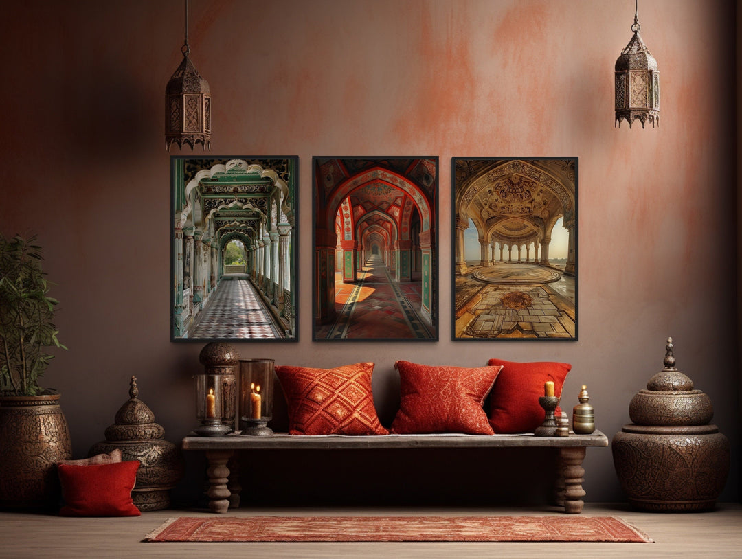 Set of three framed canvas prints featuring colorful Indian Mughal architectural arches and domes.