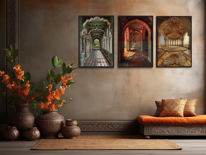 Set Of Three Colorful Indian Mughal Architecture Framed Canvas Wall Art