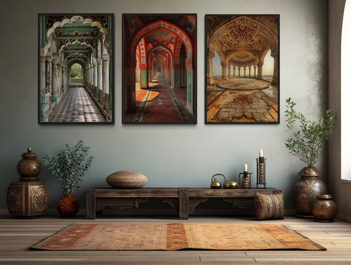 Set of three framed canvas prints featuring colorful Indian Mughal architectural arches and domes.
