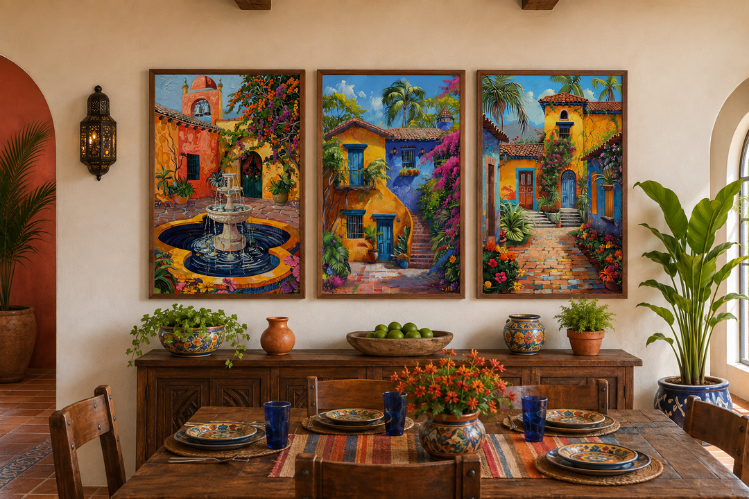 Set of three framed canvas prints featuring colorful Mexican courtyards with gardens and fountains.