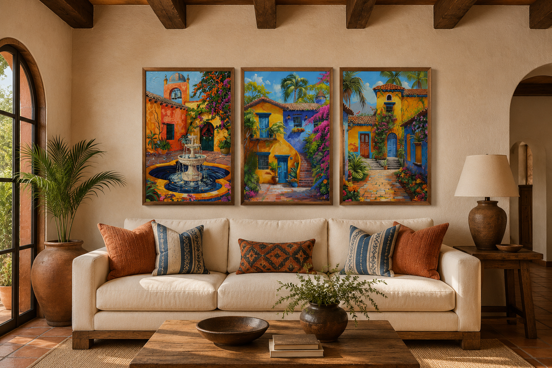 Set of three framed canvas prints featuring colorful Mexican courtyard gardens and fountains.