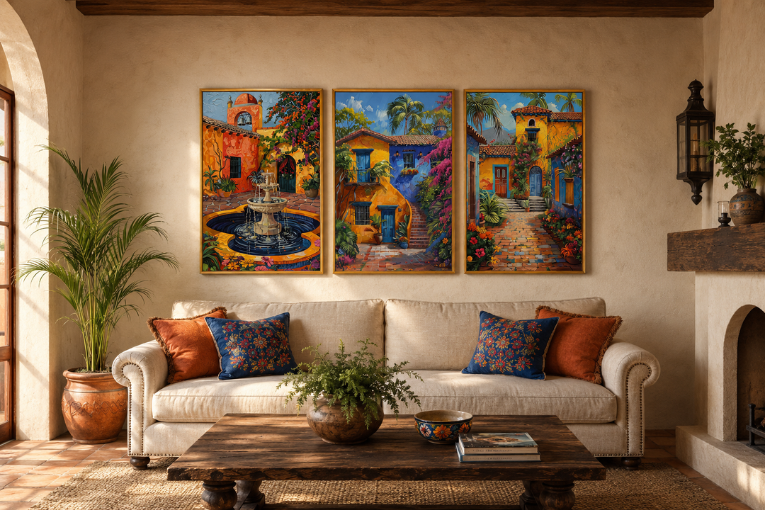 Set of three framed canvas prints featuring colorful Mexican courtyard gardens and fountains.