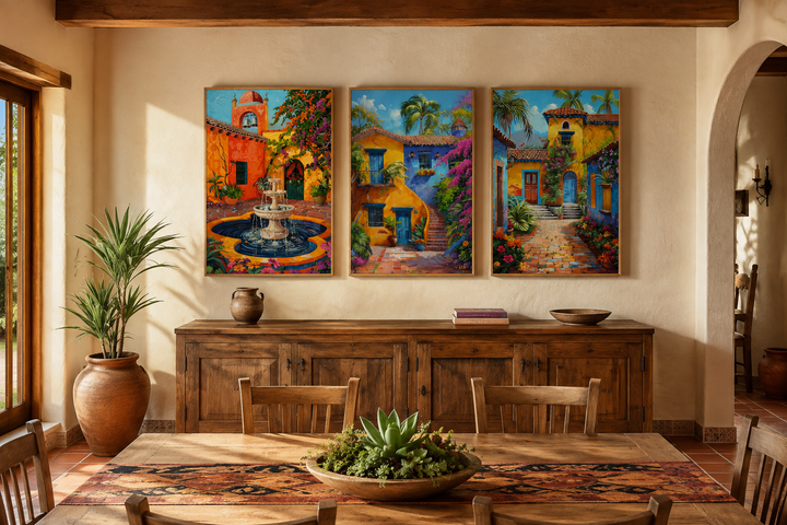 Set of three framed canvas prints featuring colorful Mexican courtyard gardens and fountains.