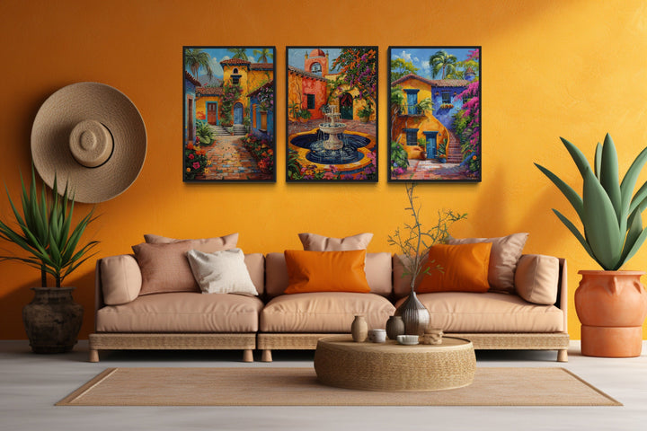 Set of three framed canvas prints featuring colorful Mexican courtyard gardens and fountains.