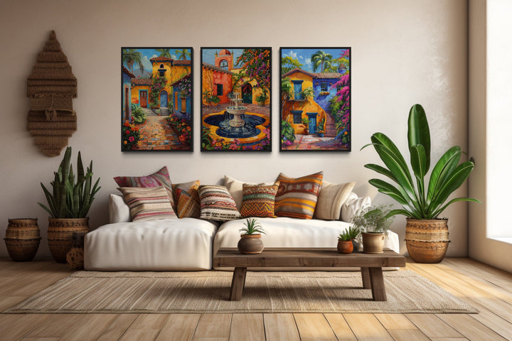 Set of three framed canvas prints featuring colorful Mexican courtyards, gardens, and fountains.