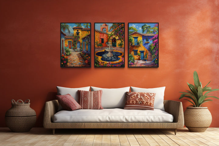 Set Of Three Colorful Mexican Courtyard Garden And Fountain Framed Canvas Wall Art