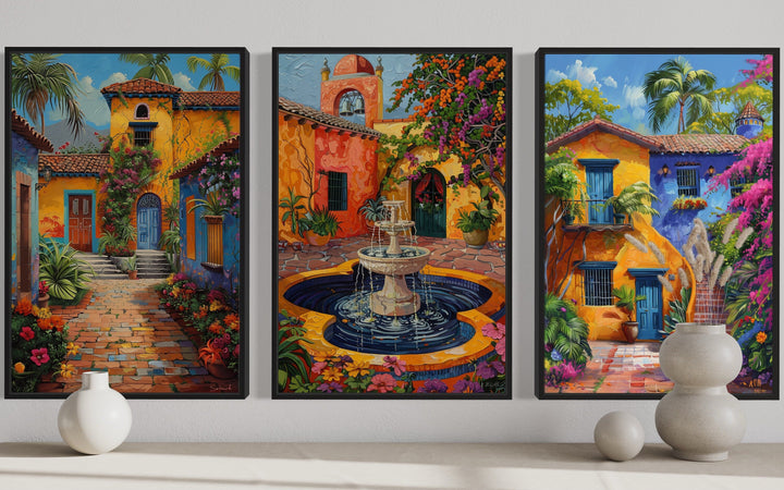 Set of three framed canvas prints featuring colorful Mexican courtyard gardens and a fountain.