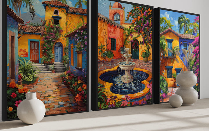 Set of three framed canvas prints featuring vibrant Mexican courtyard gardens and a fountain.