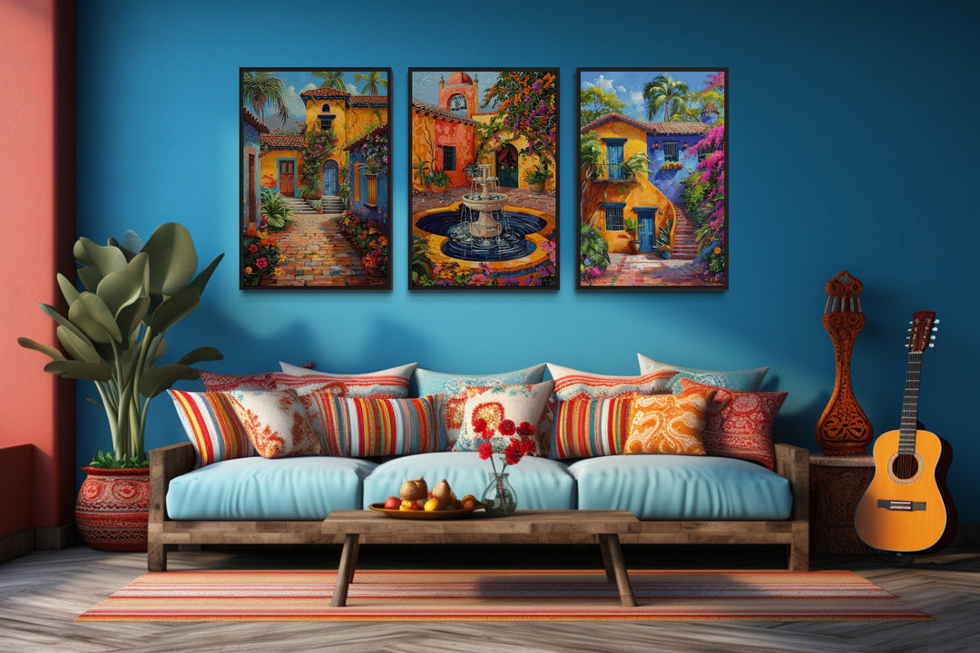 Set Of Three Colorful Mexican Courtyard Garden And Fountain Framed Canvas Wall Art