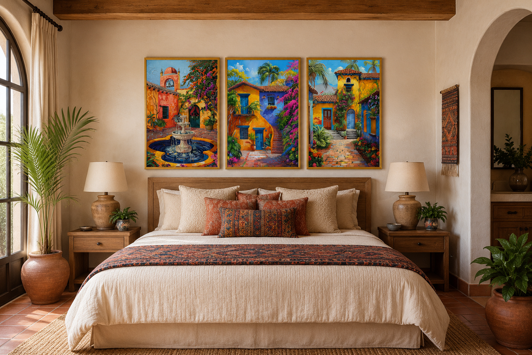 Set of three framed canvas prints featuring colorful Mexican courtyard gardens and fountains.